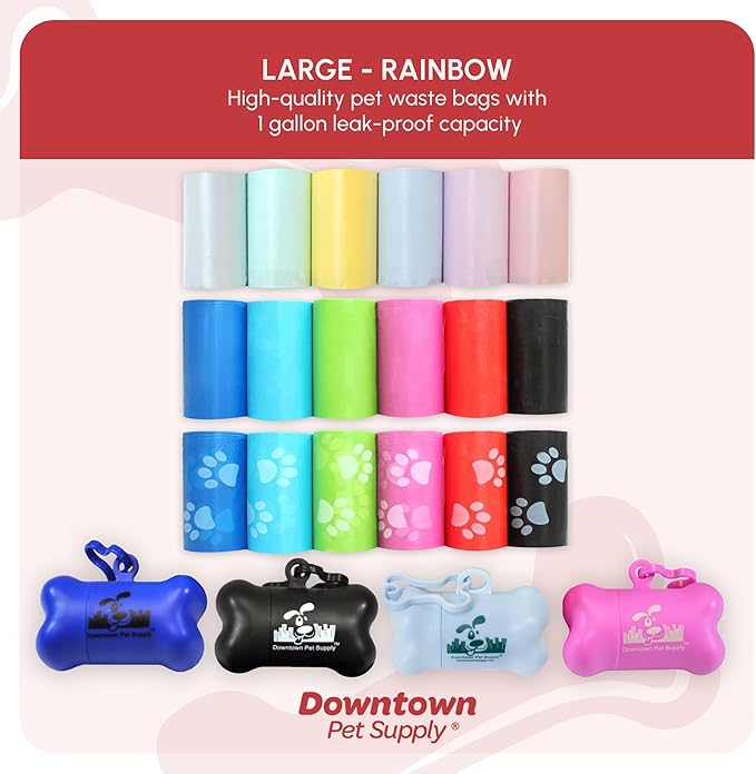 Downtown Pet Supply Dog Waste Bags (1000 CT - Rainbow Bags & 2 Dispensers) Clips to Dog Leashes & Harnesses - Poop Scoop Bags are Leak-Proof & Unscented