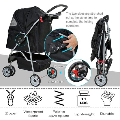 HCY Folding Dog Stroller, 3 Wheels Pet Strollers Pet Gear for Small Medium Cats Dogs Puppy with Storage Basket, Cup Holder,Lightweight-Black, 35x17x38 Inch