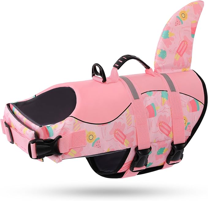 Dog Life Jacket High Flotation, Reflective Dog Life Vests for Swimming, Adjustable Dog Life Preserver Rescue Handle Spring Summer Pool for Small, Medium, Large Dogs (Pink Ice Cream,XS)