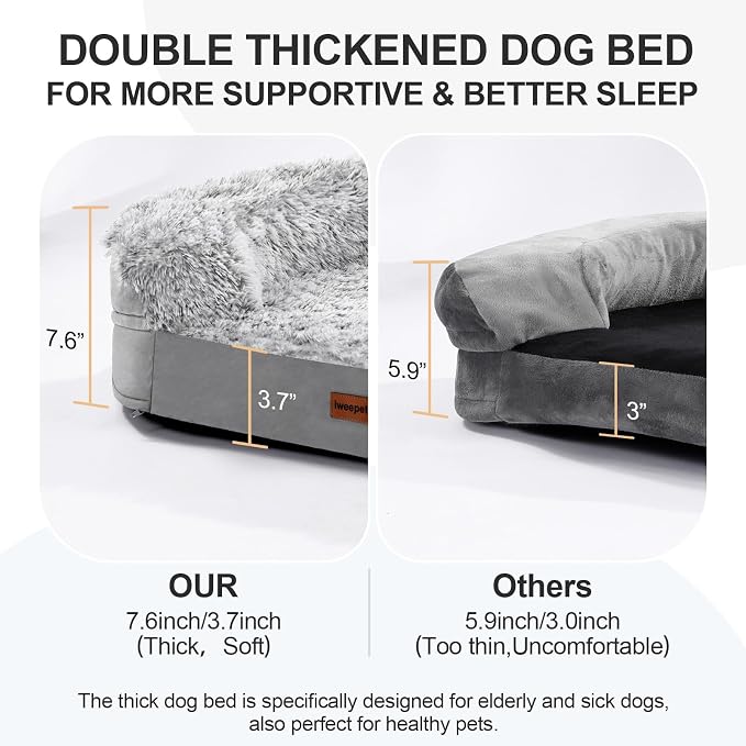iweepet Fluffy Calming Orthopedic Dog Beds for Large & Extra Large Dogs, Supportive Dog Sofa Bed with 3.7 inch 28D Egg-Crate Foam, Removable Washable Plush Cover, Waterproof Lining,44’’,Grey