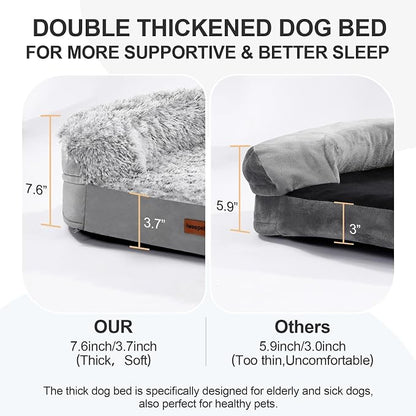 iweepet Fluffy Calming Orthopedic Dog Beds for Large & Extra Large Dogs, Supportive Dog Sofa Bed with 3.7 inch 28D Egg-Crate Foam, Removable Washable Plush Cover, Waterproof Lining,44’’,Grey