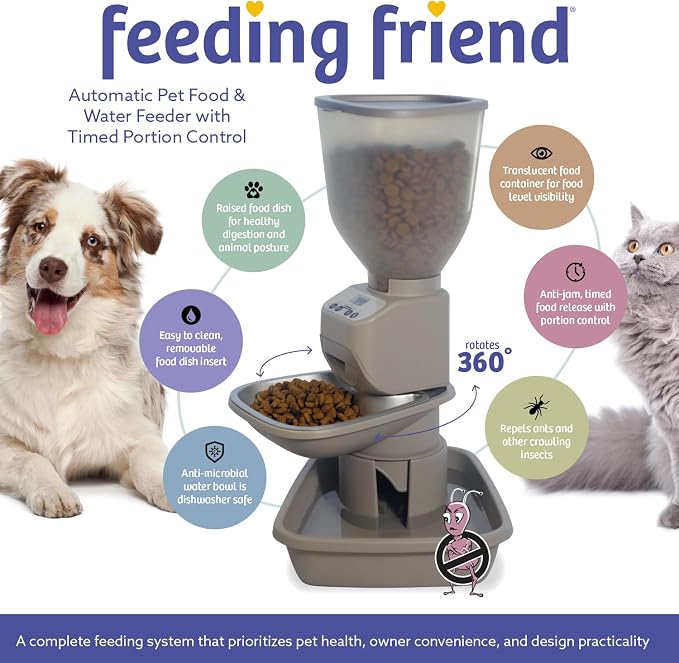 Feeding Friend® Automatic Dog & Cat Food Feeder with Water Dispenser – Smart Pet Feeder with Portion Control, OLED Display, Anti Jam Design, Battery Operated Dispenser for Medium Pets 15-30 lbs- Taupe