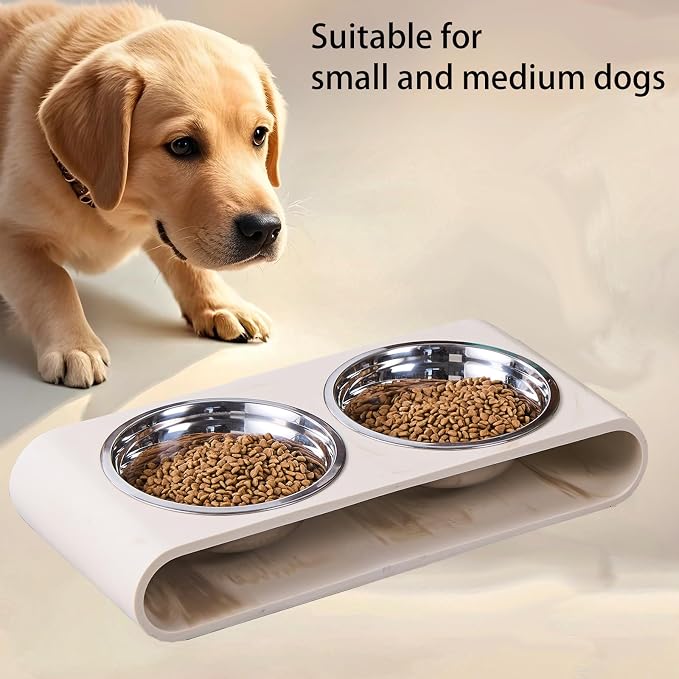 Beige Marble Elevated Dog Bowls Set - 2 Thick 6" Stainless Steel Puppy Food Bowl with Non-Slip Raised Holder Stand, Double Feeding Bowls for Food and Water, Suitable for Cats and Small Medium Pet