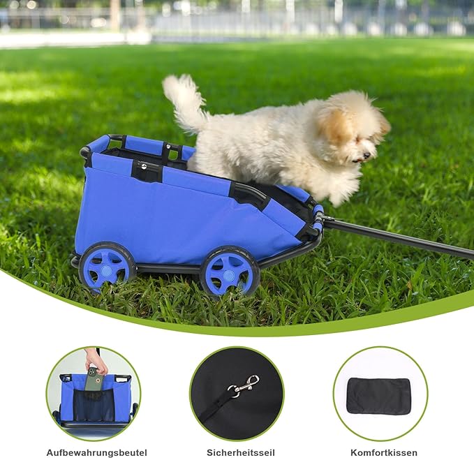 Mini Dog Strollers for Mini Pets, Foldable Multifunctional Shopping Carts with Extendable Pull Handle, Doggie Wagon Built-in Cushion and Safety Rope with Storage Bag (Blue)
