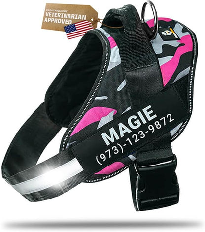 Personalized Dog Harness with Custom Name Patches, Adjustable Reflective No Choke Dog Vest with Handle for Extra Large Dog, Camouflage Pink, XL