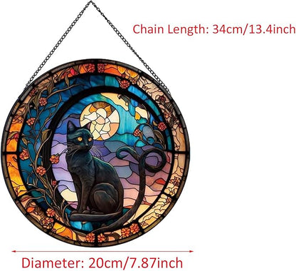 Black Cat Stained Glass Window Hangings,Suncatcher Stained Glass for Windows for Cat Lovers,20cm/7.87inch Hand-Painted Sun Catcher Garden Hangings Halloween Fall Christmas Decor for Home