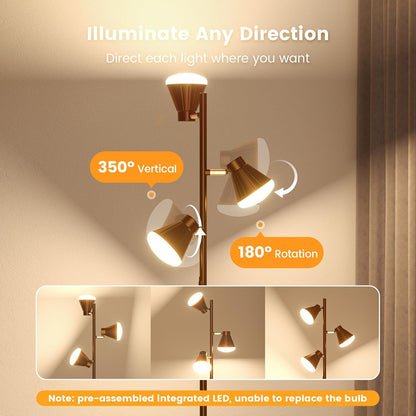 36W LED Tree Floor Lamp, Dimmable Tall Standing Lamp with Remote & Touch Control, 4 Color Temperatures Bright Floor Lamp, 3 Rotatable Light Modern Floor Lamps (Brown)