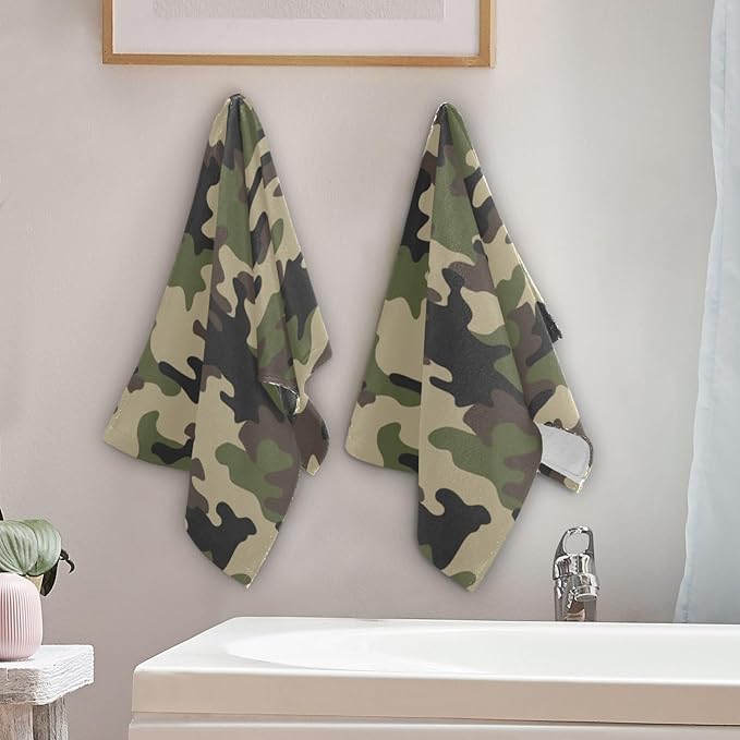 2 Pack Green Camouflage Hand Towels for Bathroom,Soft Absorbent Black Brown Army Hunting Camo Themed Bath Hand Towels for Kitchen,Decorative Guest Bathroom Towels for Face,Shower,Gym 14"x28"