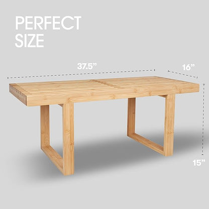Bamboo Nelson Slat Wooden Bench, Small Wood Benches for Entryway, Living & Dining Room, Kitchen, Bedroom, Bathroom, Hallway, Front Door, For Indoor & Outdoor Patio Use, Mid Century Modern Decor