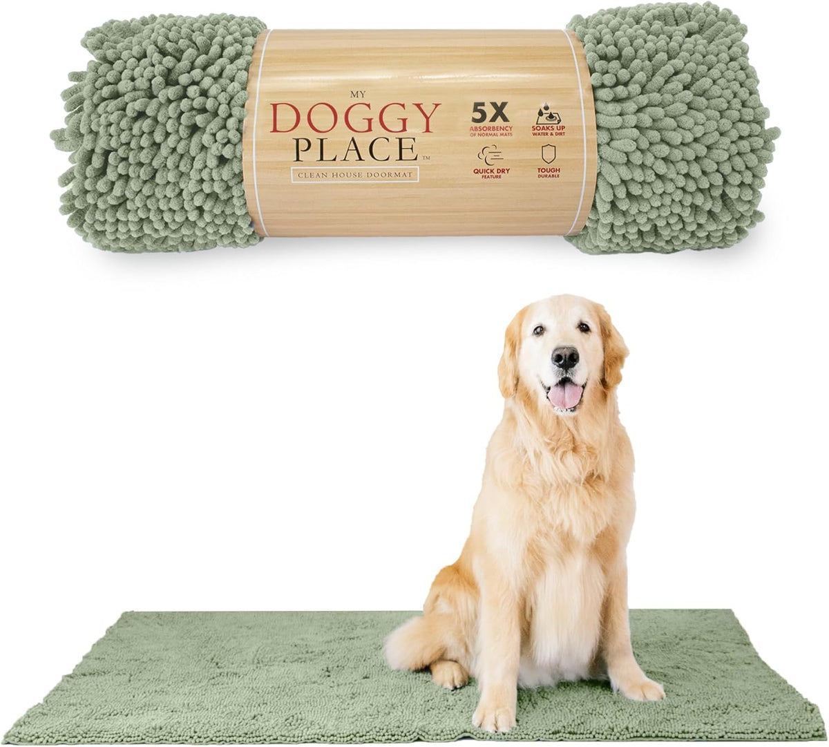 My Doggy Place Microfiber Dog Mat for Muddy Paws, 60" x 36" Sage - Non-Slip, Absorbent and Quick-Drying Dog Paw Cleaning Mat, Washer and Dryer Safe - X-Large/Runner