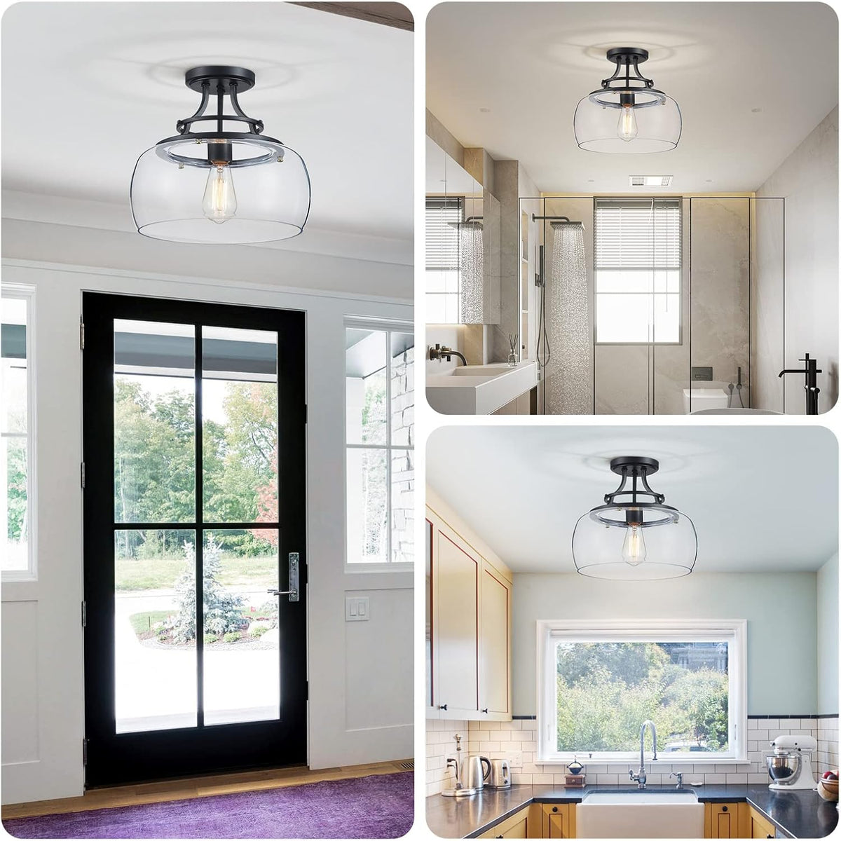 WUZUPS Chandelier Rustic Farmhouse Industrial Round Semi-flushmount Ceiling LED Light Fixture with Clear Glass Shades for Bathroom Kitchen Foyer Entryway, H 11.8" x W 13.4", E26 Base, Black