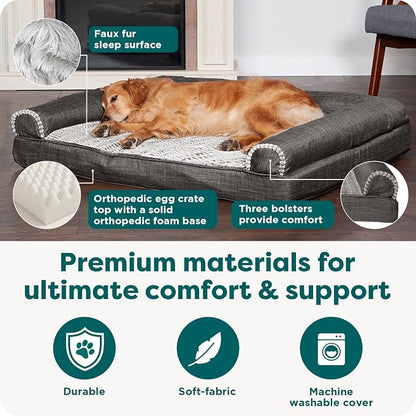 Furhaven Orthopedic Dog Bed for Large/Medium Dogs w/ Removable Bolsters & Washable Cover, For Dogs Up to 55 lbs - Luxe Faux Fur & Performance Linen Sofa - Charcoal, Large