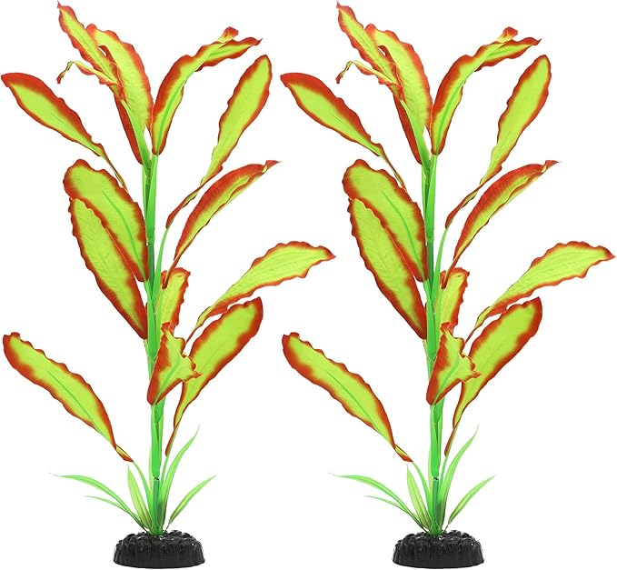 ALEGI Silk Aquarium Plants, 16 Inch Artificial Silk Plants Decorations for Fish Tank,Aquarium Décor Plastic Plants (Light Green with Red, 2 Pack)