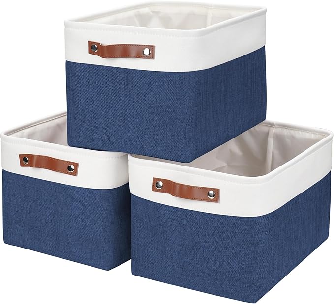 Storage Bins Large Fabric Storage Baskets for Shelves 3 Pack, Decorative Linen Closet Baskets with Handles for Organizing, Shelf, Clothes, Home, Office, 15x11x9.5Inches (NavyBlue&White)