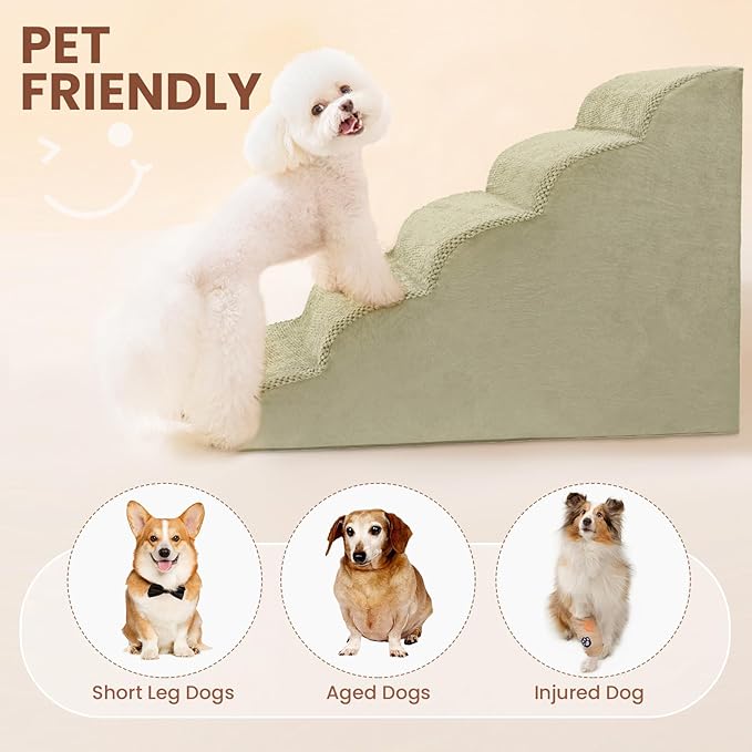 5 Steps Dog Stairs for Bed, 24" Dog Steps for High Bed, High Density Pet Steps for Small Dogs, Extra Wide Non-Slip Dogs Ramp for Injured, Older Pets, Small Cats, Camel