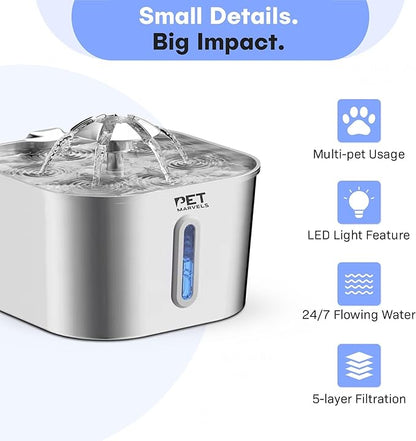 Stainless Steel Cat Water Fountain – 2.2L/74oz Ultra-Quiet Pump, Visible Water Level, Dual Flow Modes – Automatic Pet Water Dispenser for Cats & Small Dogs