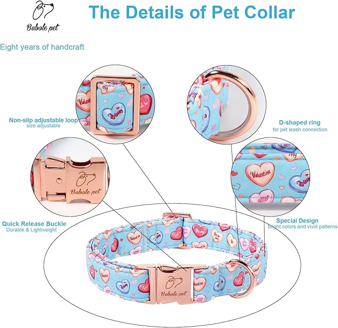 Valentines Dog Collar for Large Dogs - Cute Blue Heart Pattern Puppy Collar Sweet Valentine Adjustable Heavy Duty Pet Collar with Metal Buckle XL