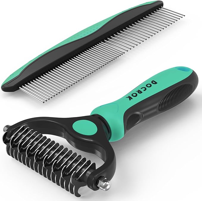 Pet Grooming Brush and Metal Comb Combo, Cat Brush Dog Brush for Shedding, Undercoat Rake for Dogs Grooming, Dematting Deshedding Brush Dogs Shedding Tool for Long matted Haired Pets, Green