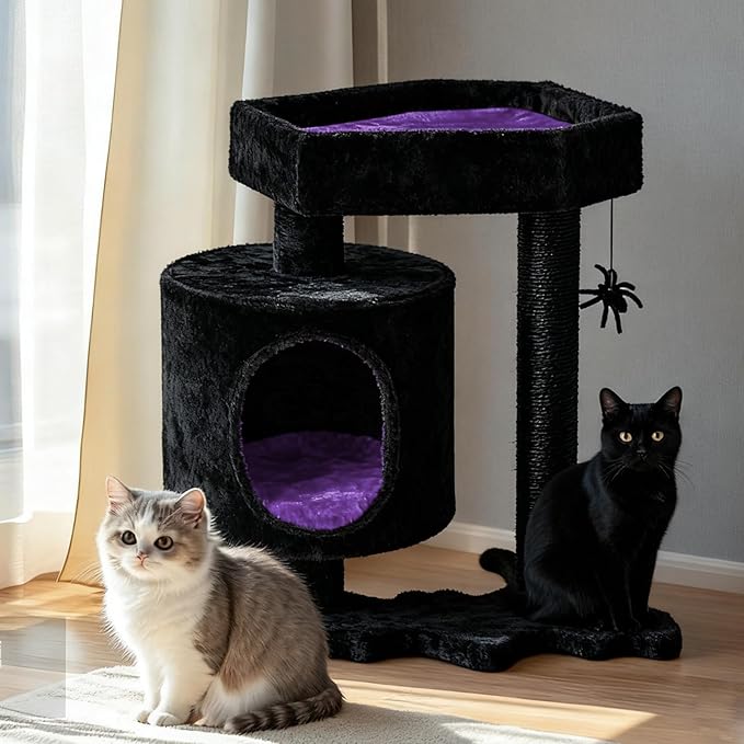 BEWISHOME Cat Tree, Gothic Cat Tree with Coffin Bed, Goth Cat Tree Tower with Scratching Posts, Cat Shelves for Kittens, Spider Toy, Black and Violet Small MMJ93Z