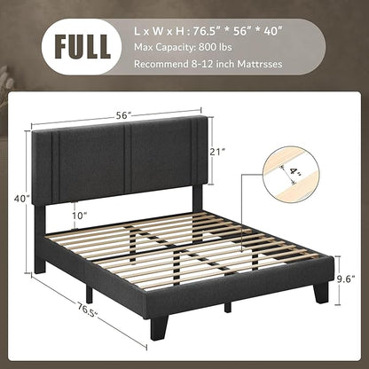 iPormis Full Platform Bed Frame with Fabric Upholstered Headboard & Thickened Legs, Mattress Foundation with Solid Wooden Slats Support, No Box Spring Needed, Noise Free, Dark Grey