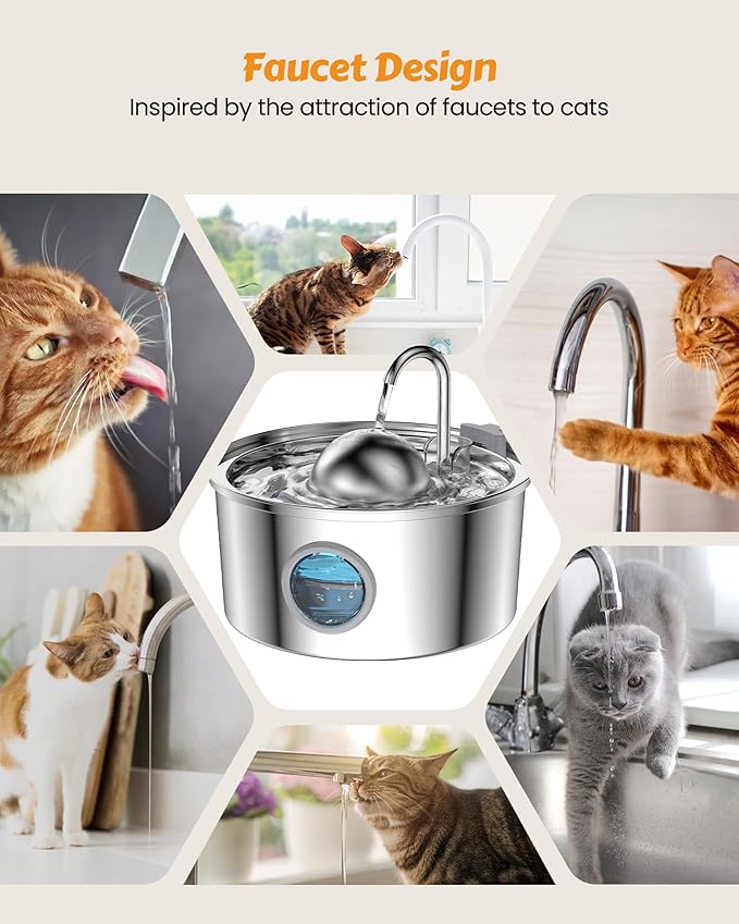 AONBOY Cat Water Fountain Stainless Steel, 108oz/3.2L Cat Fountain, Pet Water Fountain with Water Level Window, Hemispherical Shape, Multi-Filter, Silent Pump, Water Tap, Provides Flowing Water