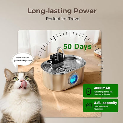 PEKTACO Wireless Cat Water Fountain Stainless Steel, 108oz/3.2L Cordless Battery Operated Pet Water Fountain for Cats Indoor with Quiet Pump, Easy Clean, BPA-Free(3 Filters)