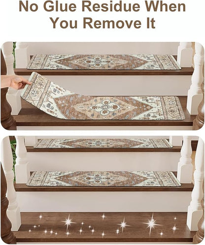 OJIA Super Non-Slip Stair Treads for Wooden Steps, 30"X8" Indoor Stair Runners Slip Resistant Stair Rugs Safety Mats for Dogs, Kids & Elders, Rubber Backed Stair Treads Stair Covers (15PC)
