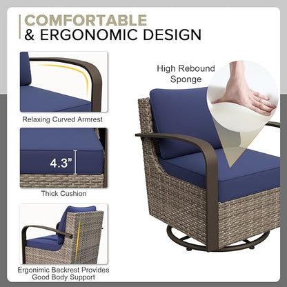 COOS BAY Aurora Terrace Half-Moon Outdoor Furniture Set, Rattan Conversation Set with Swivel Rockers, Curved 4-Seat Sofa, Coffee Table, Seats 6, Beige/Blue