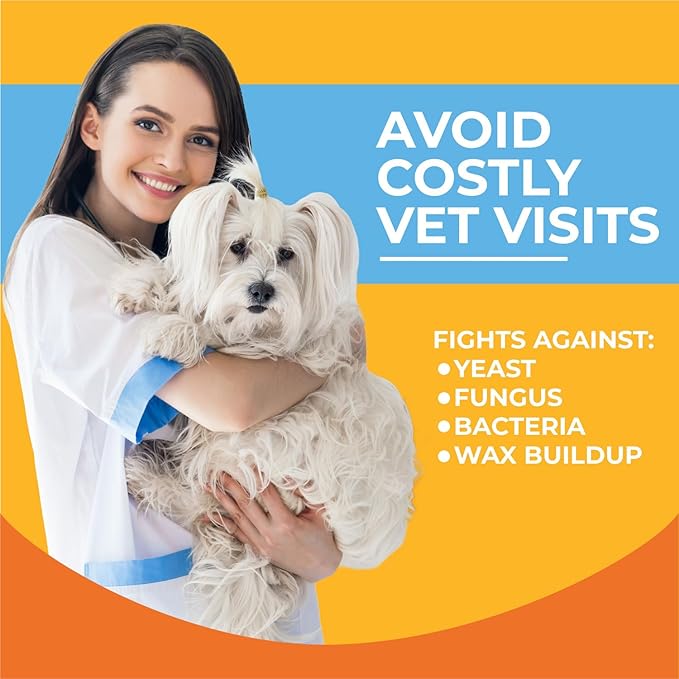Dog Ear Cleaner - Cat & Dog Ear Infection Treatment - Medicated Pet Ear Wash, Flush, and Cleaning Solution for Dogs and Cats - Remedy for Itchy Yeast Relief