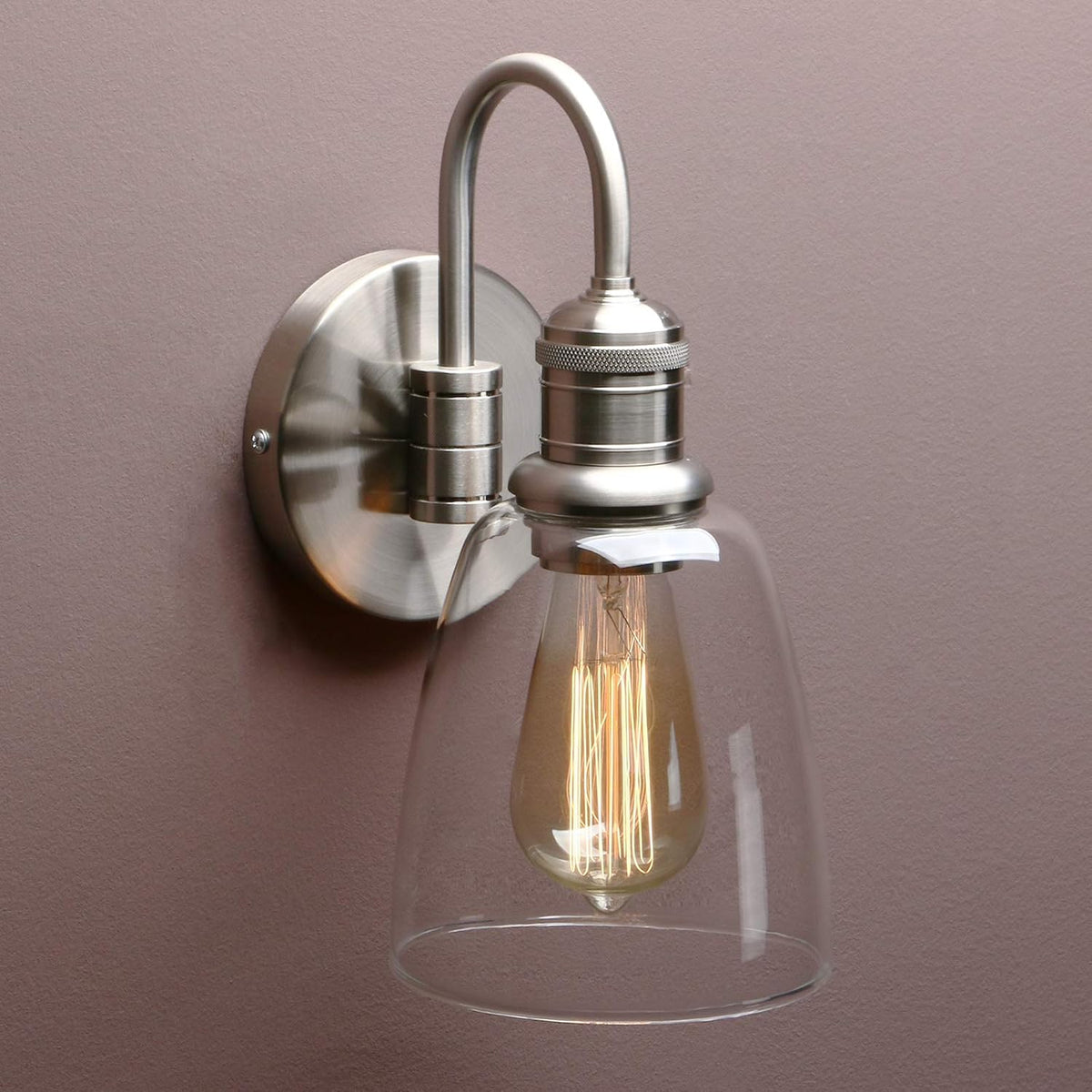 Yosoan 1-Light Brass Modern Vintage Indoor Wall Sconce, Vanity Single Luxury Hardwired Retro Textured Clear Oval Cone Glass Shade with Industrial Gooseneck Curved Rod Bathroom Lamp(Brushed)