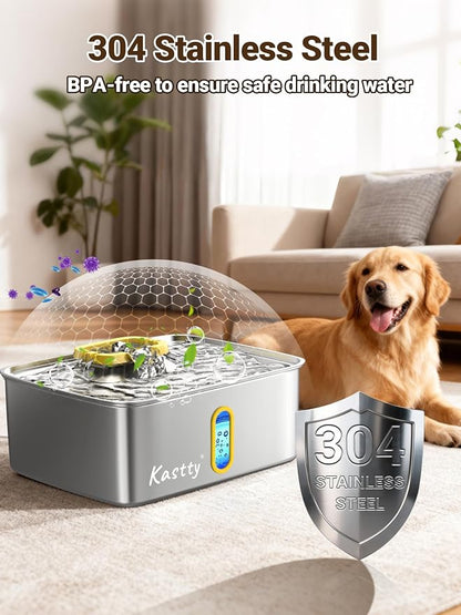 Kastty 15L/3.96 Gal Stainless Steel Large Capacity Dog Water Fountain | Ultra Quiet Dog Water Bowl Dispenser LED Light Multi Filtration Cat Water Fountain,Pet Water Fountain Easy Clean(FS78,Yellow)