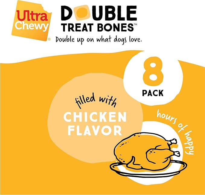 Ultra Chewy Double Treat Bones: Long-Lasting Treats Made in USA for Large and Small Breeds, Highly Digestible, for Aggressive Chewers (Peanut Butter and Chicken Flavor, 2 Packs)
