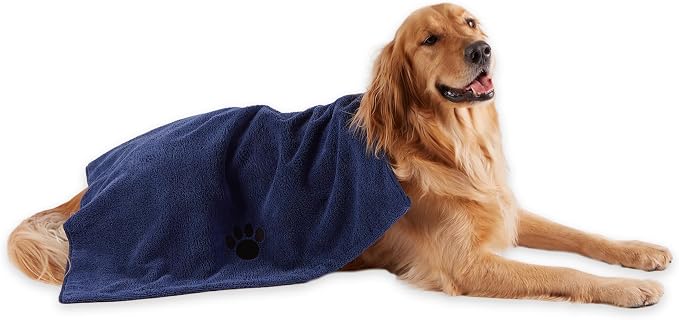 Bone Dry Pet Grooming Towel Collection Absorbent Microfiber X-Large, 41x23.5", Embroidered Navy