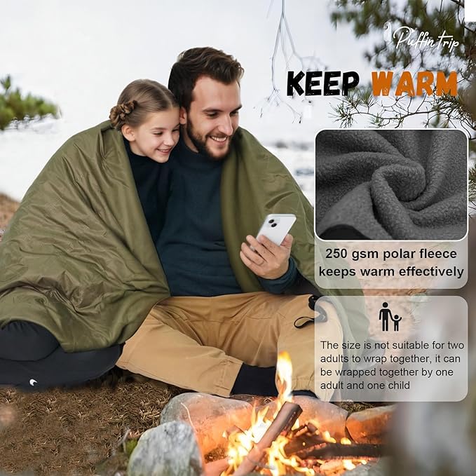Wearable Warm Camping Blanket Waterproof Windproof Quilted Fleece Stadium Outdoor Blanket with Portable Bag for Cold Weather Camping Picnic Sports Pet Beach Travel Car 79*55 inches Black