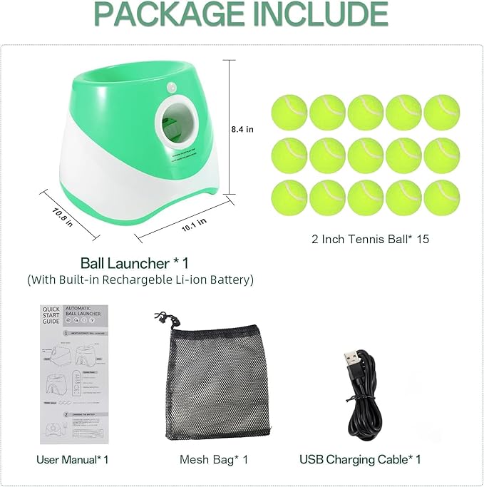 Automatic Dog Ball Launcher, Dog Ball Thrower with 15 Mini Tennis Balls Sizing 2 Inch and Mesh Bag, Interactive Dog Toys Tennis Ball Launcher for Small Dogs with 3 Distance Settings