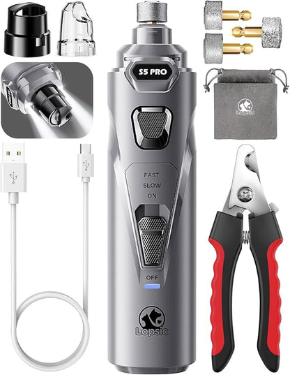 Whisper Quiet Dog Nail Grinder with 4 LED Lights, Safe & Stress-Free for Sensitive Dogs Cats of All Breeds & Sizes, 3 Grinding Bits, 3-Speed, Pet Nail Trimmers, Rechargeable Painless Grooming Kit Grey