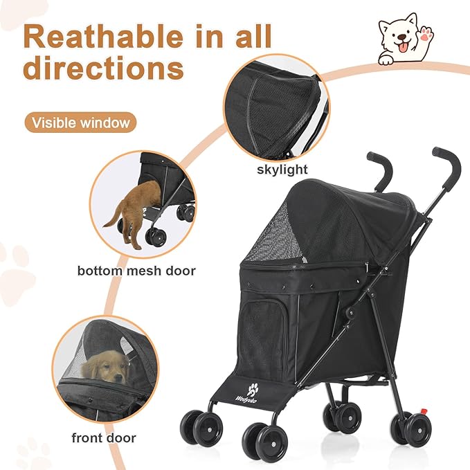 Wedyvko Umbrella Dog Stroller, Foldable Pet Stroller for Small Dogs Cats, with Carrying Strap and Cup Holder, Dog Poop Bags & Dispenser, Multicolor (Black)
