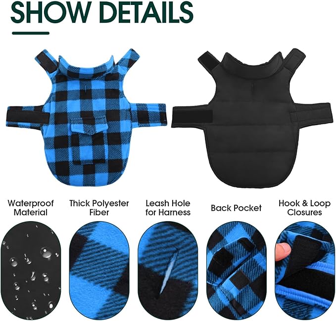 Kuoser Dog Winter Coat, Windproof Dog Fleece Jacket British Style Plaid Cold Weather Doggie Vest Coats, Reversible Cozy Warm Puppy Clothes Pet Apparel for Small Dogs S