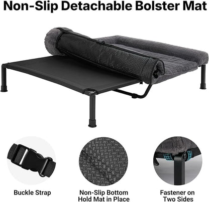 Veehoo Plush Double Dog Couch Bed for 2 Dogs, Washable Elevated Dog Bed | Cooling Raised Pet Cot with Removable Bolster Cushion, Breathable Mesh, No-Slip Feet, 48 x 37 inches, Grey