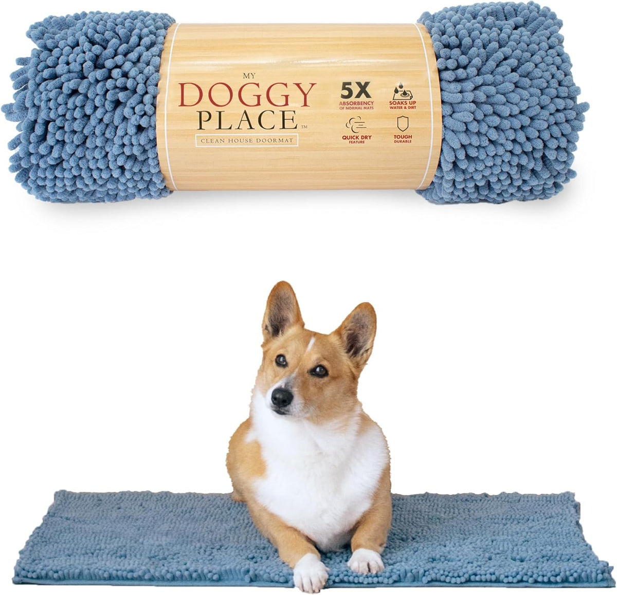 My Doggy Place Medium Faded Denim Microfiber Dog Mat, 31" x 20", Absorbent and Quick-Drying, Non-Slip Rubber Backed, Machine Washable