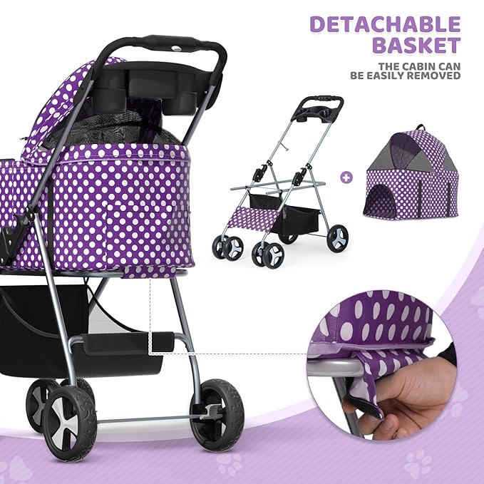 Magshion Foldable Pet Stroller, 3-in-1 Dog Travel Jogger with Detachable Carrier, Cup Holder, Storage Basket, Folding Carrier for Small/Medium Dogs & Cats Up to 33 lbs, Purple Polka Dots