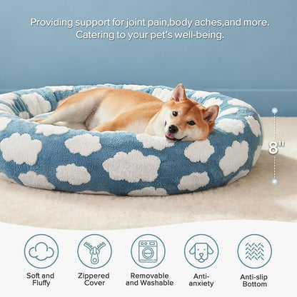 JOEJOY Jacquard Donut Round Small Dog Beds,Blue 23x23x7in, Removable Washable Cover, Cute Pattern, Ultra Soft Fluffy Calming Pet Bed with Thick Supportive Bolster