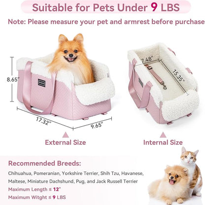 PETSFIT Cat Car Seat, Portable Console Dog Car Seat with Safe Protective Hooks, Luxury Pet Car Seat Includes Safety Leash and Storage Pocket for Pets Up to 9 lbs (Pink)