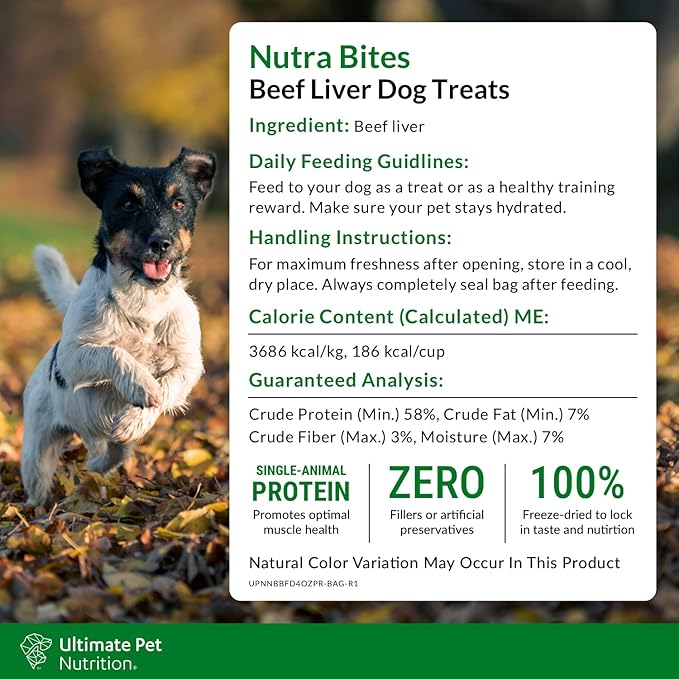 ULTIMATE PET NUTRITION Nutra Bites Freeze Dried Raw Single Ingredient Training Treats Food Topper for Dogs, 4 Ounces, Beef Liver