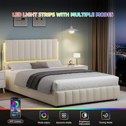 Full Size Bed Frame with LED Lights, Faux Leather Upholstered Platform Bed with Headboard and Wooden Slats Support, No Box Spring Needed, Noise-Free, Easy Assembly, Cream