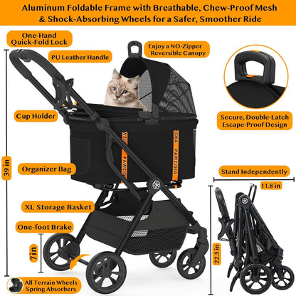 PAWZIDEA Pet Stroller 4 in 1, Dog Strollers for Small/Medium Dogs/Cats with Detachable Carrier NO-Zip Canopy, Seatbelt Puppy Car Seat Combo, Foldable & Lightweight Jogger Cat Strollers, Storage Basket