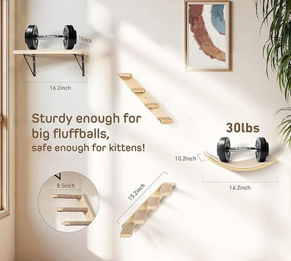Wall Mounted Cat Shelves Set for Large Cats, 4 Piece Wood Cats Wall Furniture with Sisal-Padded Bed, Flat Perch and 2 Climbing 4-Steps Stairs