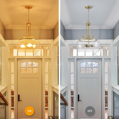 WUZUPS Chandelier Rustic Farmhouse Industrial Round Ceiling Pendant LED Light Fixture Clear Seeded Glass Shade for Dining Room Kitchen Island Foyer Entryway, H 20.9" x W 15.9", Gold