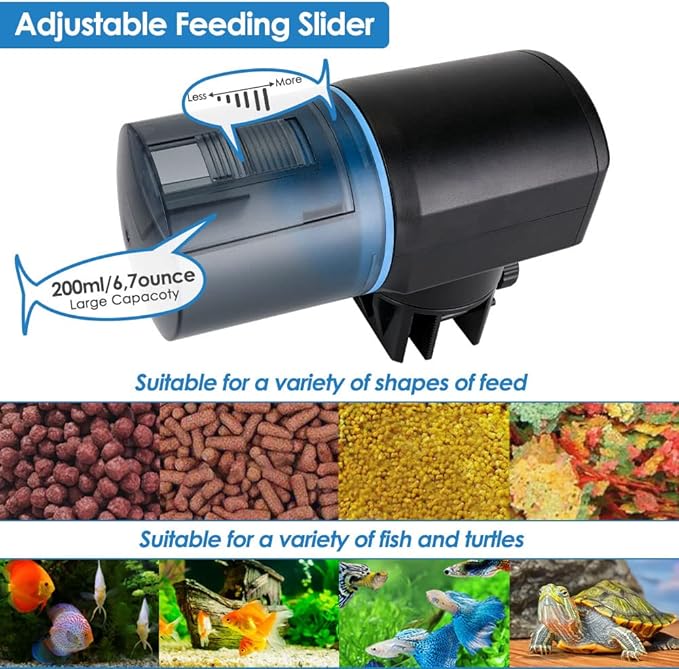 Lukovee Automatic Fish Feeder,New Generation Feeding Time Display USB Rechargeable Timer Moisture-Proof Aquarium or Fish Tank Food Dispenser with 200ML Large Capacity for Vacation Weekend Holiday,Blue