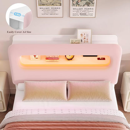 HOSTACK Full LED Bed Frame with Storage Headboard and Charging Station, Girls Bed Frame with 4 Drawers and USB Ports, Velvet Upholstered Platform Bed Frame with Bookcase, No Box Spring Needed, Pink